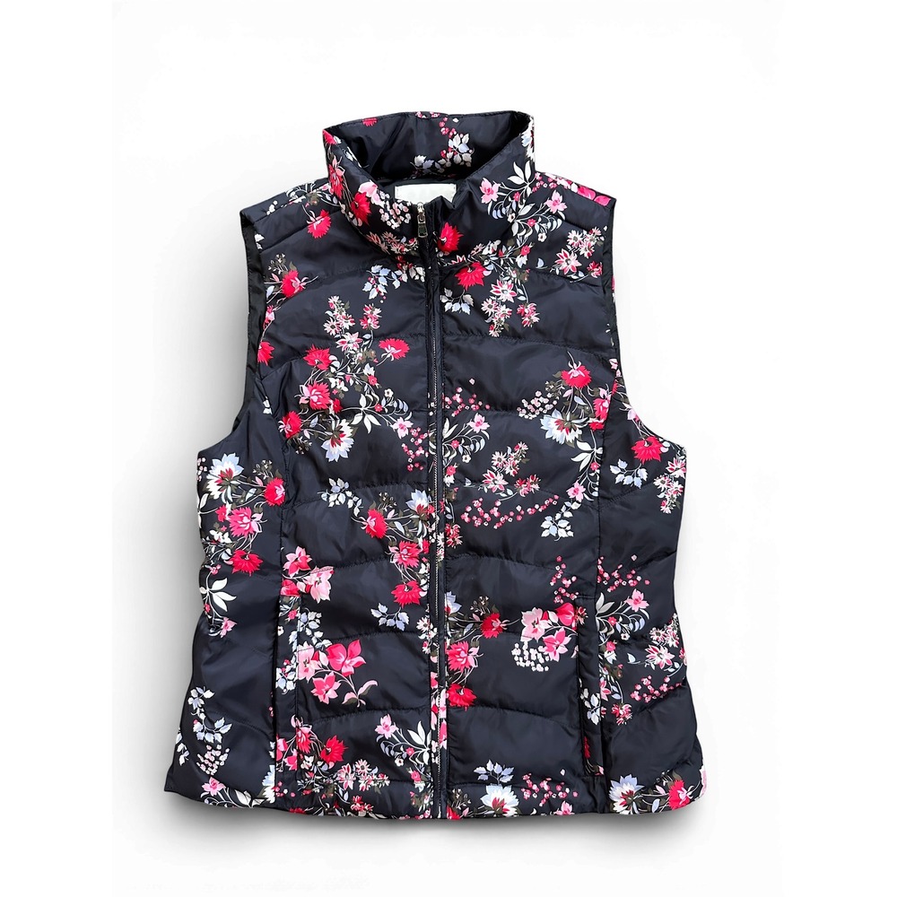 LOFT Womens Floral Puffer Vest Black Pink‎ Red Quilted Full Zip Sleeveless XS